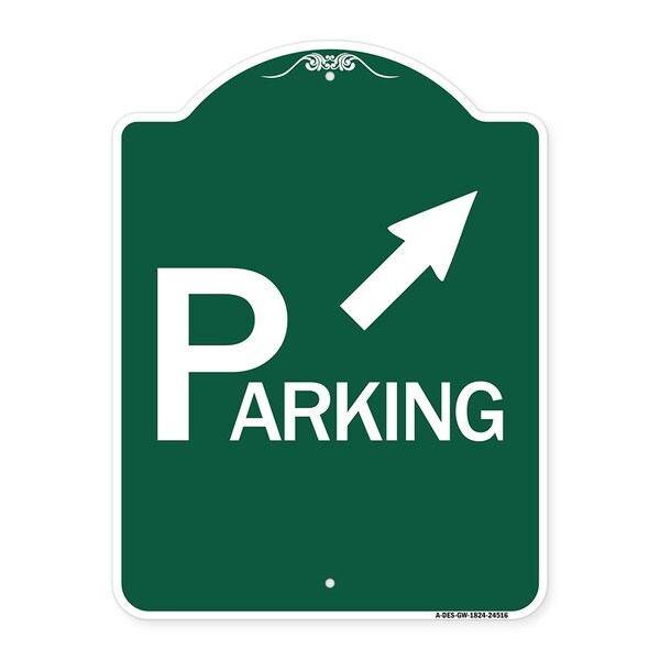 Parking W/ Arrow Pointing to Top Right, Green & White Aluminum Sign, 18" x 24", GW-1824-24516